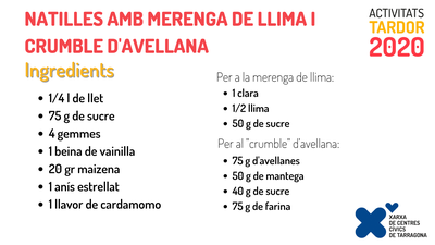 Natilles amb merenga de llima i crumble d'avellana