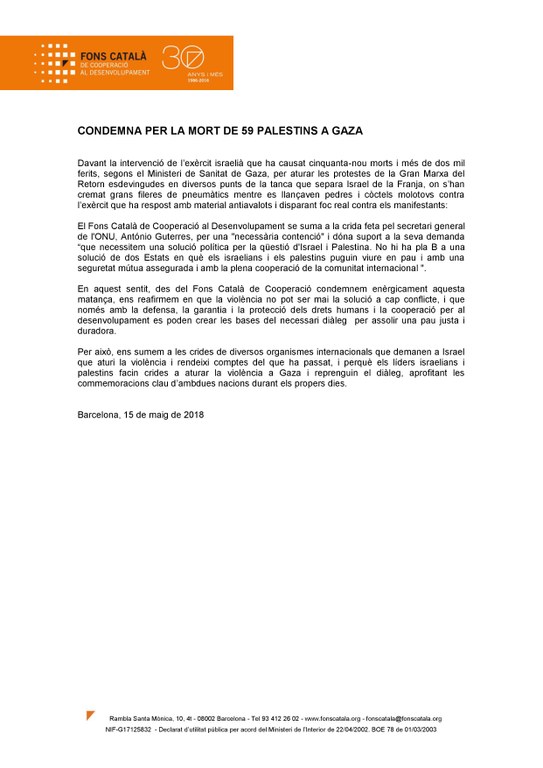 L'ajuntament de Tarragona s'adhereix a la condemna del Fons Català de Cooperació per la mort de 59 palestins a Gaza