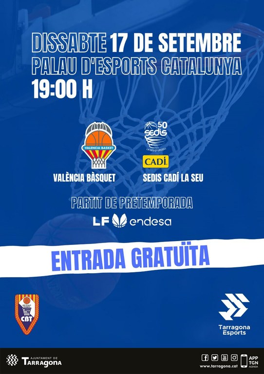 El partit del femení del València Bàsquet-Cadí La Seu estrenarà la temporada esportiva al Palau d'Esports Catalunya