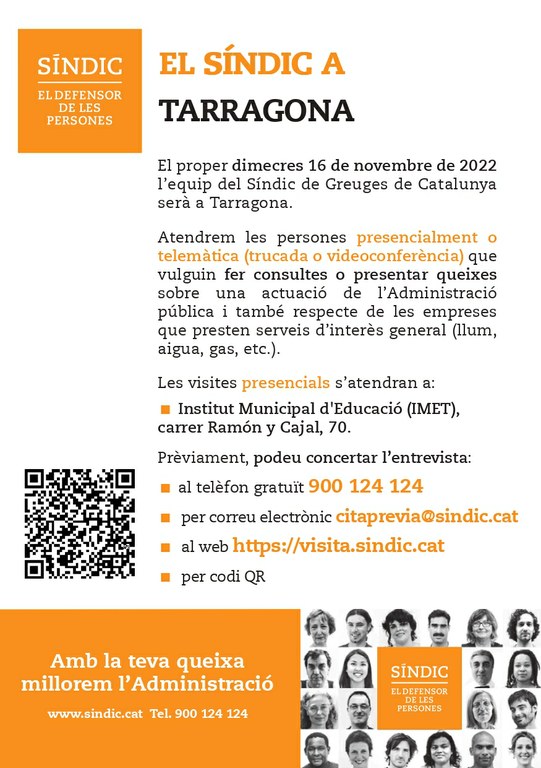 L'equip del Síndic de Greuges serà aquest dimecres a Tarragona per atendre les consultes o queixes de la ciutadania